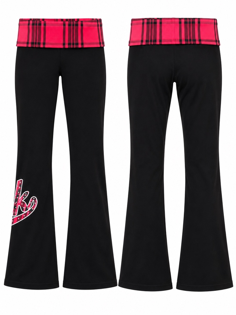 Women’s Black Boot Cut Flare Pants with Pink Plaid Fold-Over Waistband